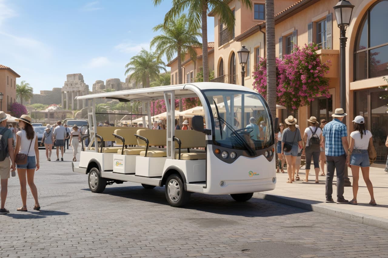 Electric mini bus shuttle carrying passengers on a campus road